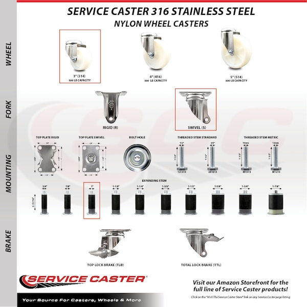 3 Inch 316SS Nylon Wheel Swivel 1 Inch Expanding Stem Caster